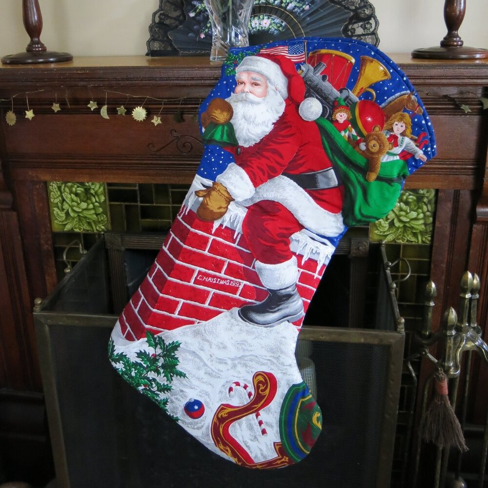 Vintage Cranston Down The Chimney He Came Jumbo Cotton Silver Glitter Stocking
